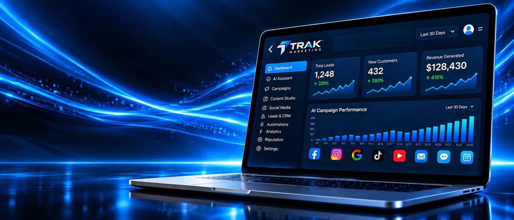 TRAK Marketing dashboard on a laptop