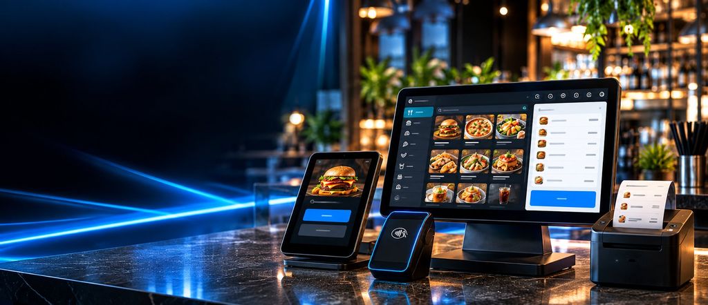 TrakPOS terminal, handheld, card reader and receipt printer on a restaurant counter