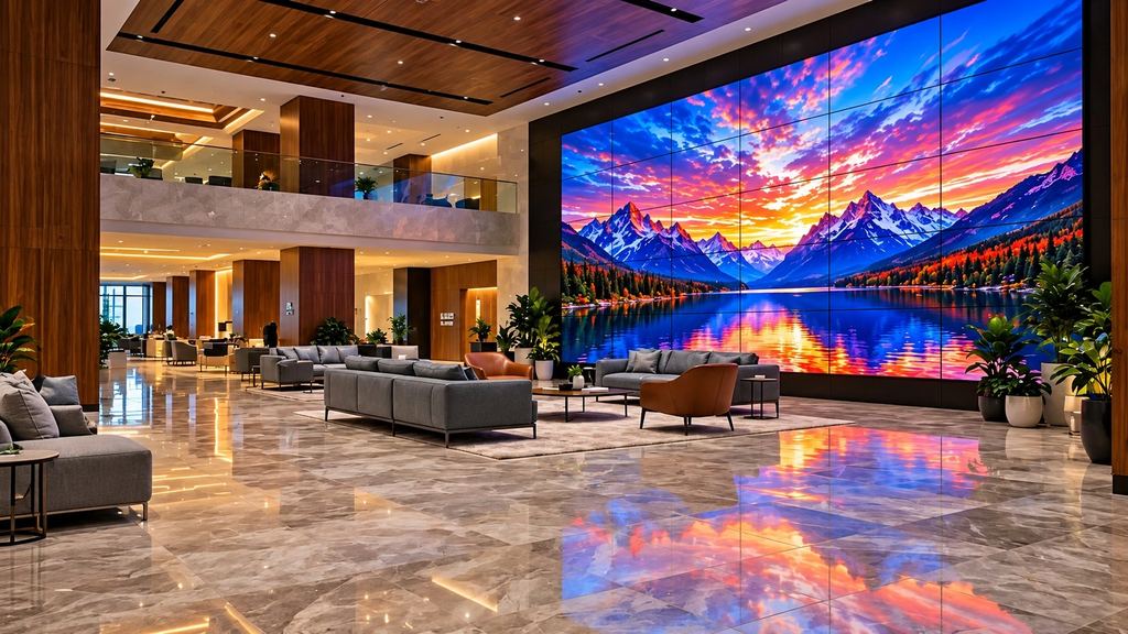 Hotel lobby with a large LED video wall