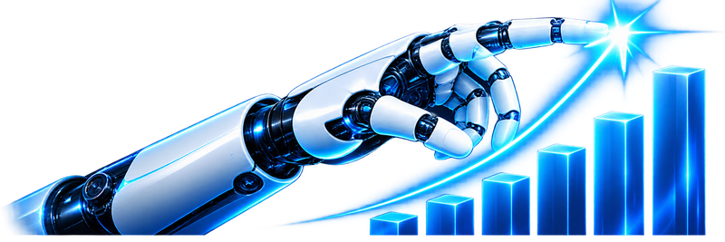 Robotic hand pointing at a rising blue bar chart