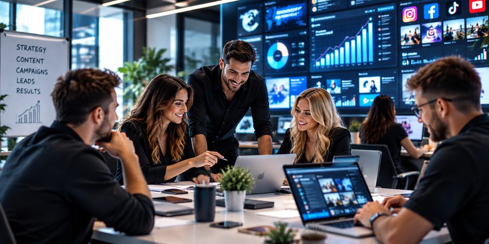 Marketing team at a table with laptops in front of a wall of social and analytics dashboards